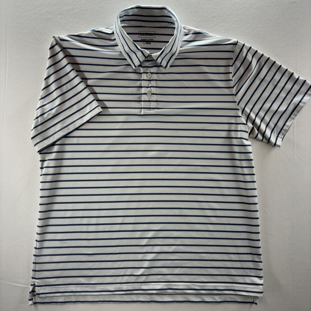 LL Bean Polo Shirt Mens Large Blue Striped Short Sleeve Golf Casual Slight Fit